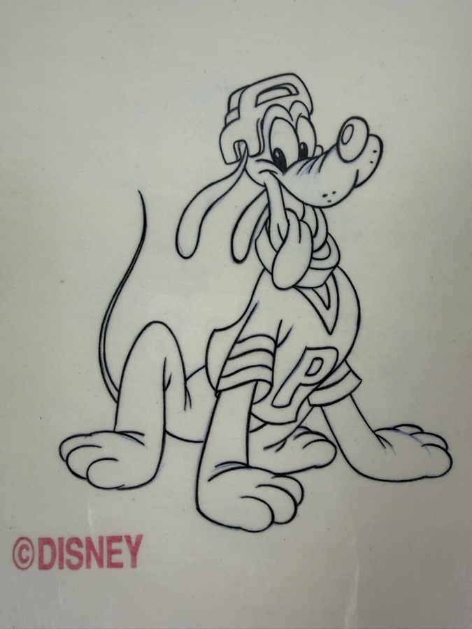 Original Walt Disney Hand Drawn Pluto Hockey Sports Themed Fashion Apparel Concept Drawing By Disney Artist Alex Maher From The 2nd Official Disneyana Convention In 1993 At Disneyland Purchased For $320 In 1993 6 X 6