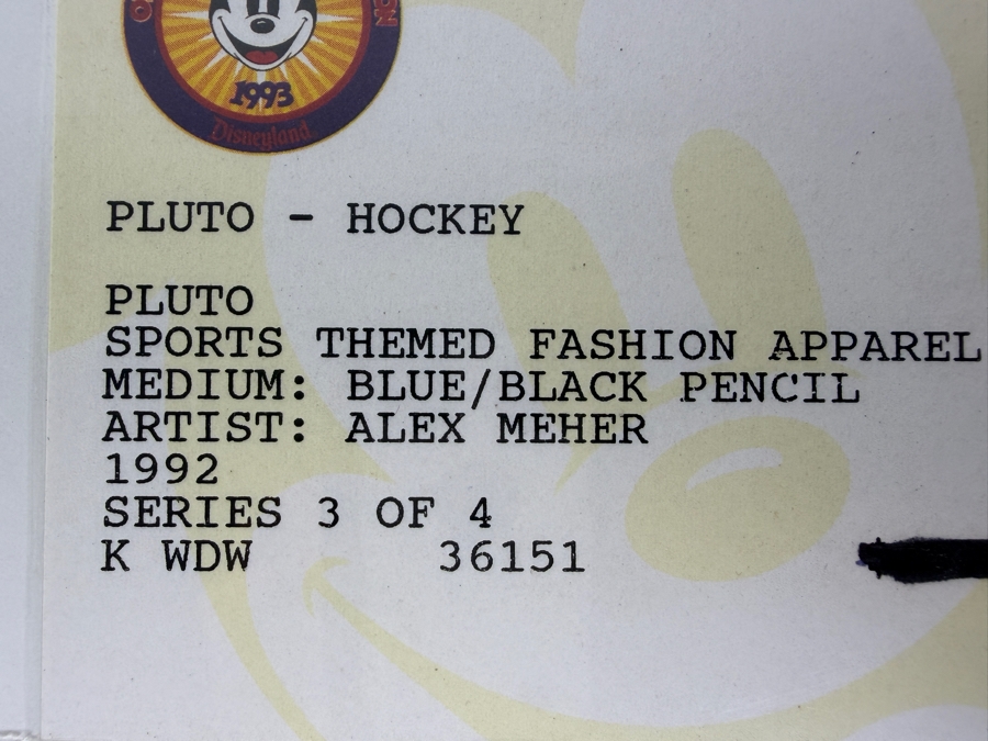 Original Walt Disney Hand Drawn Pluto Hockey Sports Themed Fashion Apparel Concept Drawing By Disney Artist Alex Maher From The 2nd Official Disneyana Convention In 1993 At Disneyland Purchased For $320 In 1993 6 X 6 [Photo 11]