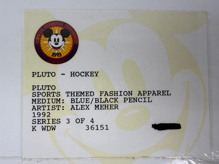 Original Walt Disney Hand Drawn Pluto Hockey Sports Themed Fashion Apparel Concept Drawing By Disney Artist Alex Maher From The 2nd Official Disneyana Convention In 1993 At Disneyland Purchased For $320 In 1993 6 X 6 [Photo 10]