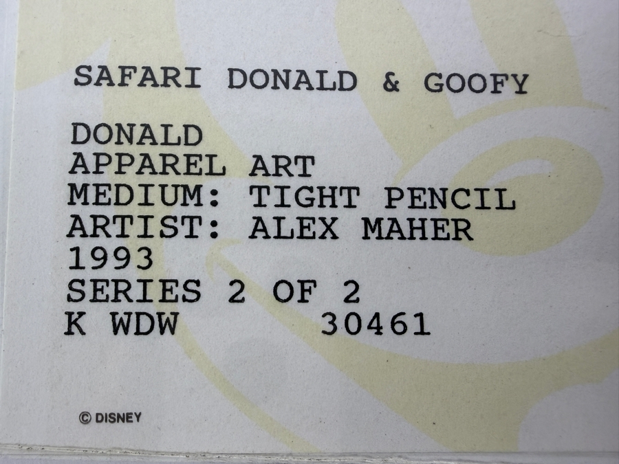 Original Walt Disney Hand Drawn Safari Donald Duck & Goofy Fashion Apparel Concept Drawing By Disney Artist Alex Maher From The 2nd Official Disneyana Convention In 1993 At Disneyland Purchased For $300 In 1993 9 X 4 [Photo 12]