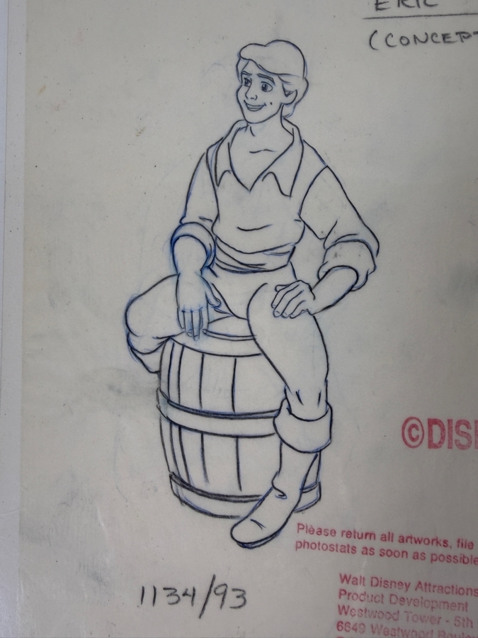 Original Walt Disney Hand Drawn Price Eric Barrel & Rock Poses From The Little Mermaid Concept Drawings For Figurine By Disney Artist Theresa Miller From The 2nd Official Disneyana Convention In 1993 At Disneyland Purchased For $200 In 1993 10 X 9 [Photo 3]