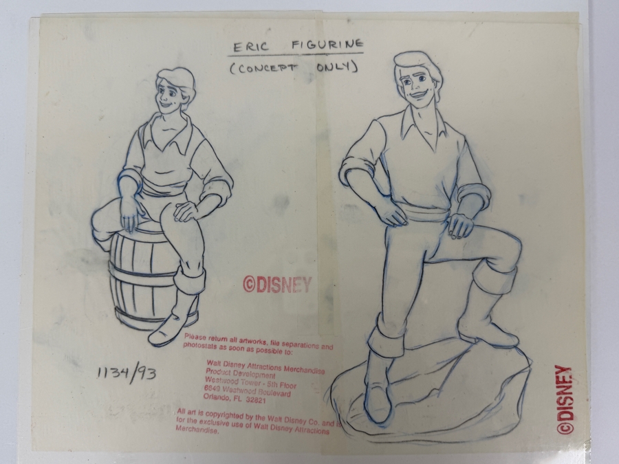 Original Walt Disney Hand Drawn Price Eric Barrel & Rock Poses From The Little Mermaid Concept Drawings For Figurine By Disney Artist Theresa Miller From The 2nd Official Disneyana Convention In 1993 At Disneyland Purchased For $200 In 1993 10 X 9