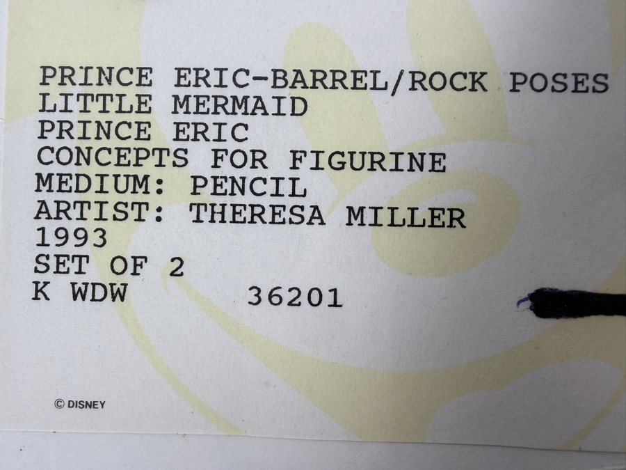 Original Walt Disney Hand Drawn Price Eric Barrel & Rock Poses From The Little Mermaid Concept Drawings For Figurine By Disney Artist Theresa Miller From The 2nd Official Disneyana Convention In 1993 At Disneyland Purchased For $200 In 1993 10 X 9 [Photo 13]