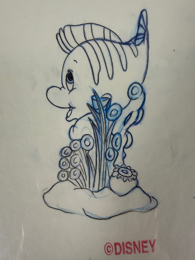 Original Walt Disney Hand Drawn Flounder From The Little Mermaid Turnaround Concept Drawing For Figurine By Disney Artist Theresa Miller From The 2nd Official Disneyana Convention In 1993 At Disneyland Purchased For $200 In 1993 4 X 7
