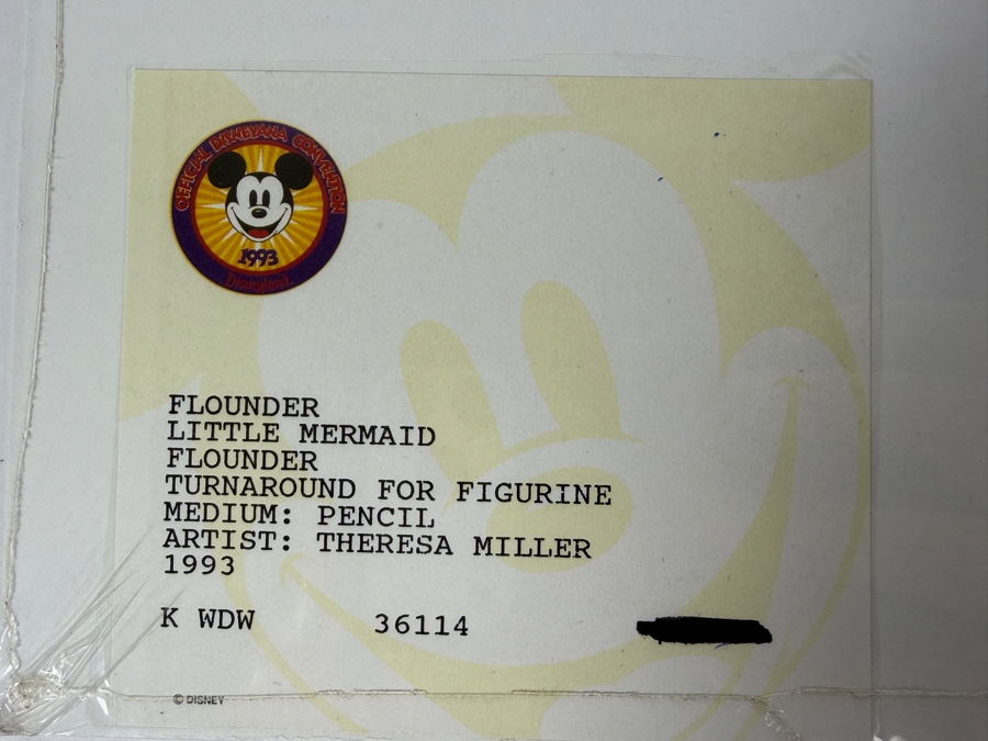Original Walt Disney Hand Drawn Flounder From The Little Mermaid Turnaround Concept Drawing For Figurine By Disney Artist Theresa Miller From The 2nd Official Disneyana Convention In 1993 At Disneyland Purchased For $200 In 1993 4 X 7 [Photo 6]