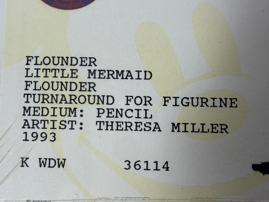 Original Walt Disney Hand Drawn Flounder From The Little Mermaid Turnaround Concept Drawing For Figurine By Disney Artist Theresa Miller From The 2nd Official Disneyana Convention In 1993 At Disneyland Purchased For $200 In 1993 4 X 7 [Photo 7]