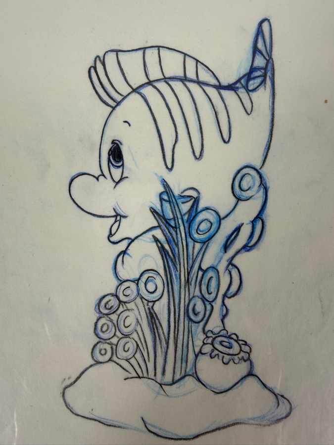 Original Walt Disney Hand Drawn Flounder From The Little Mermaid Turnaround Concept Drawing For Figurine By Disney Artist Theresa Miller From The 2nd Official Disneyana Convention In 1993 At Disneyland Purchased For $200 In 1993 4 X 7 [Photo 3]