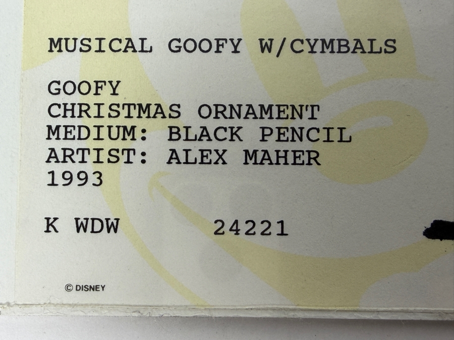 Original Walt Disney Hand Drawn Goofy With Cymbals Christmas Ornament Concept Drawing By Disney Artist Alex Maher From The 2nd Official Disneyana Convention In 1993 At Disneyland Purchased For $320 In 1993 16 X 6 [Photo 15]