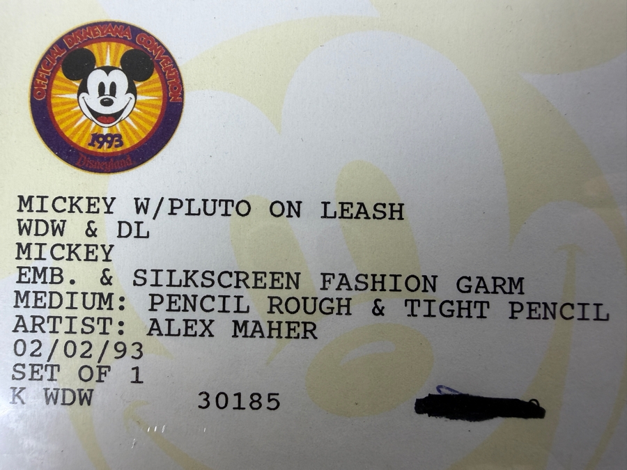 (2) Original Walt Disney Hand Drawn Mickey Mouse With Pluto On Leash WDW & DL Embroidered & Silkscreen Fashion Garment Concept Drawings By Disney Artist Alex Maher From The 2nd Official Disneyana Convention In 1993 At Disneyland Retail $560 In 1993 11X11 [Photo 14]