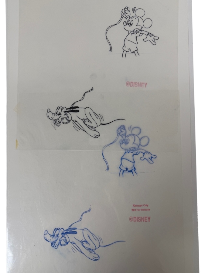 (2) Original Walt Disney Hand Drawn Mickey Mouse With Pluto On Leash WDW & DL Embroidered & Silkscreen Fashion Garment Concept Drawings By Disney Artist Alex Maher From The 2nd Official Disneyana Convention In 1993 At Disneyland Retail $560 In 1993 11X11