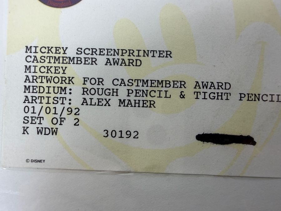 (2) Original Walt Disney Hand Drawn Mickey Mouse Screen Printer Cast Member Award Concept Drawings By Disney Artist Alex Maher From The 2nd Official Disneyana Convention In 1993 At Disneyland Purchased For $620 In 1993 10 X 10 [Photo 18]