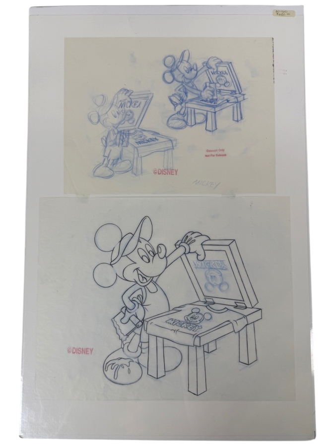 (2) Original Walt Disney Hand Drawn Mickey Mouse Screen Printer Cast Member Award Concept Drawings By Disney Artist Alex Maher From The 2nd Official Disneyana Convention In 1993 At Disneyland Purchased For $620 In 1993 10 X 10 [Photo 2]