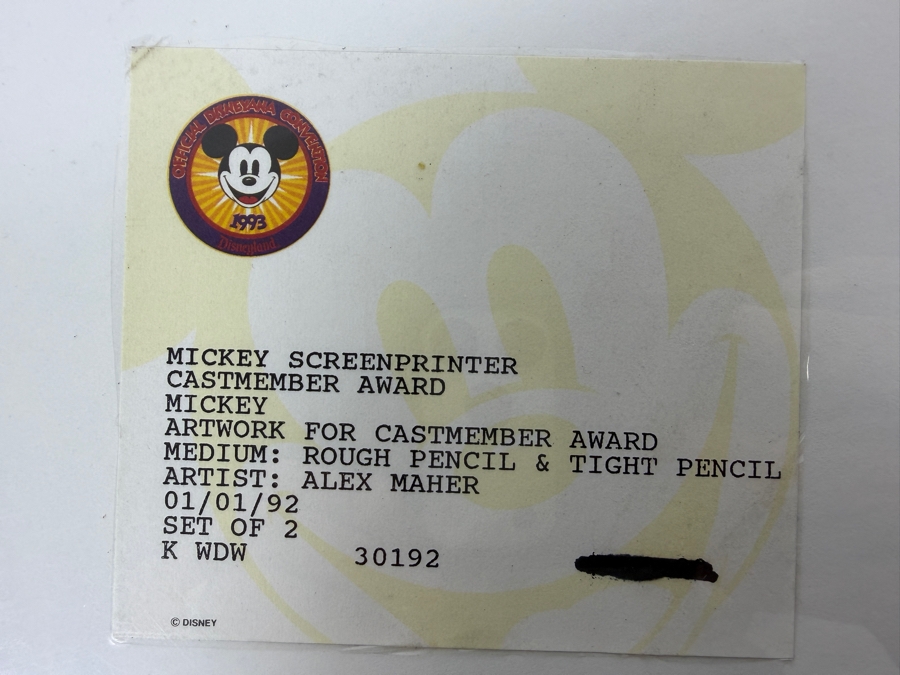 (2) Original Walt Disney Hand Drawn Mickey Mouse Screen Printer Cast Member Award Concept Drawings By Disney Artist Alex Maher From The 2nd Official Disneyana Convention In 1993 At Disneyland Purchased For $620 In 1993 10 X 10 [Photo 17]