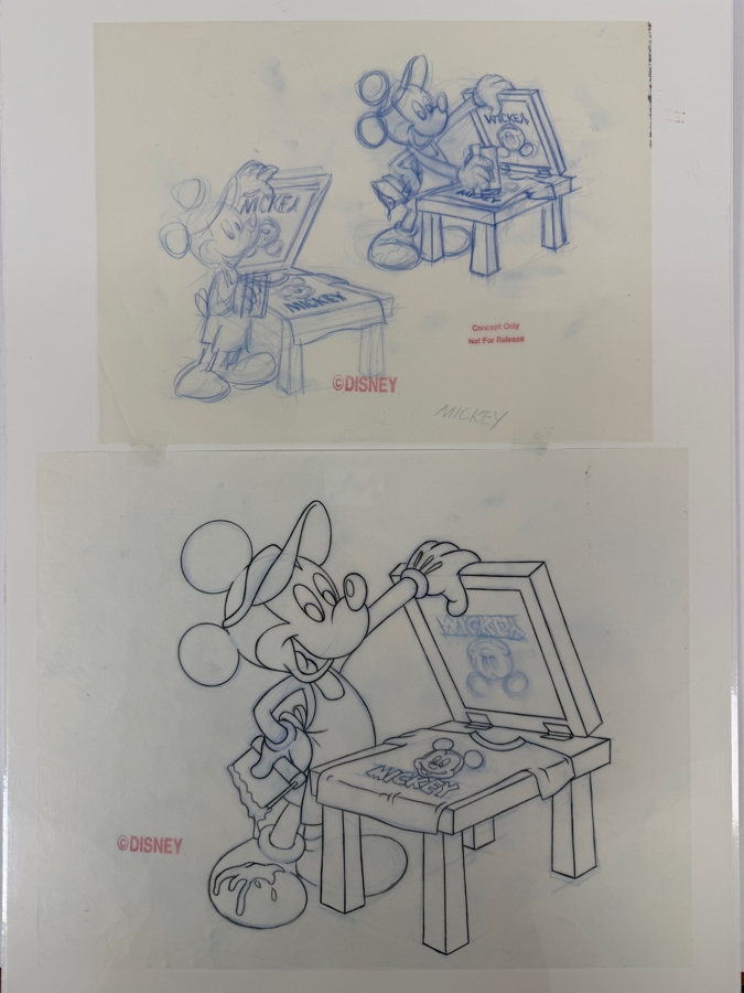 (2) Original Walt Disney Hand Drawn Mickey Mouse Screen Printer Cast Member Award Concept Drawings By Disney Artist Alex Maher From The 2nd Official Disneyana Convention In 1993 At Disneyland Purchased For $620 In 1993 10 X 10