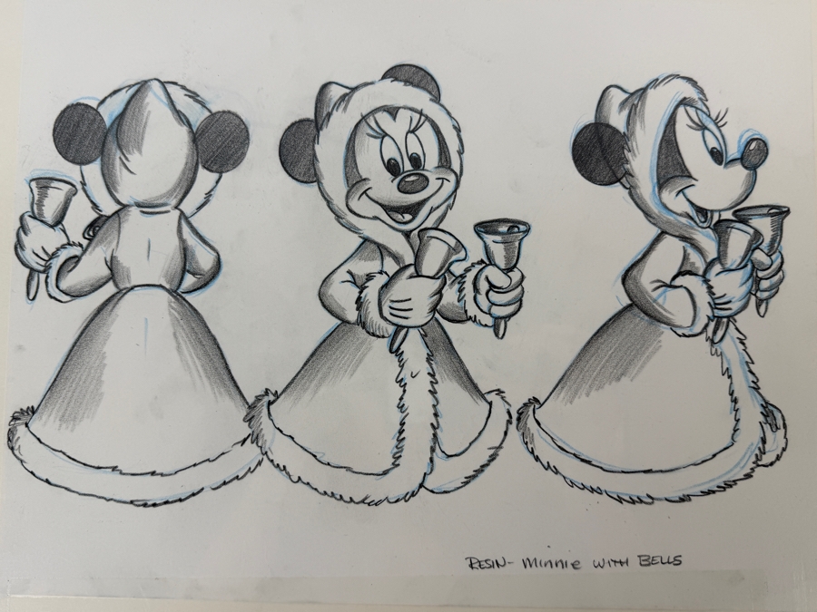 Original Walt Disney Hand Drawn Minnie Mouse Dressed For Christmas Resin Christmas Ornament Concept Drawing By Disney Artist Don Williams From The 2nd Official Disneyana Convention In 1993 At Disneyland Purchased For $440 In 1993 12.5 X 10 [Photo 3]