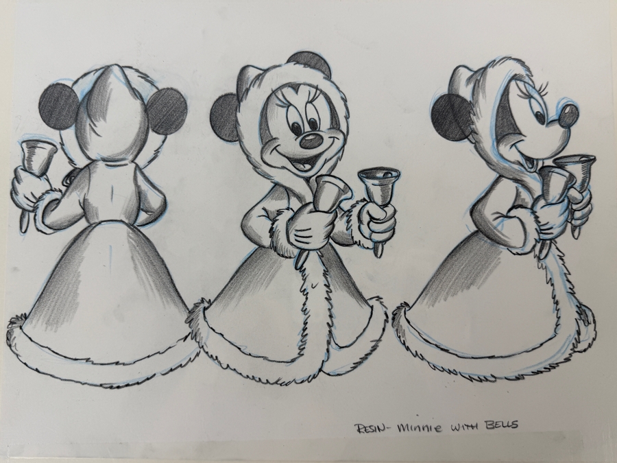 Original Walt Disney Hand Drawn Minnie Mouse Dressed For Christmas Resin Christmas Ornament Concept Drawing By Disney Artist Don Williams From The 2nd Official Disneyana Convention In 1993 At Disneyland Purchased For $440 In 1993 12.5 X 10