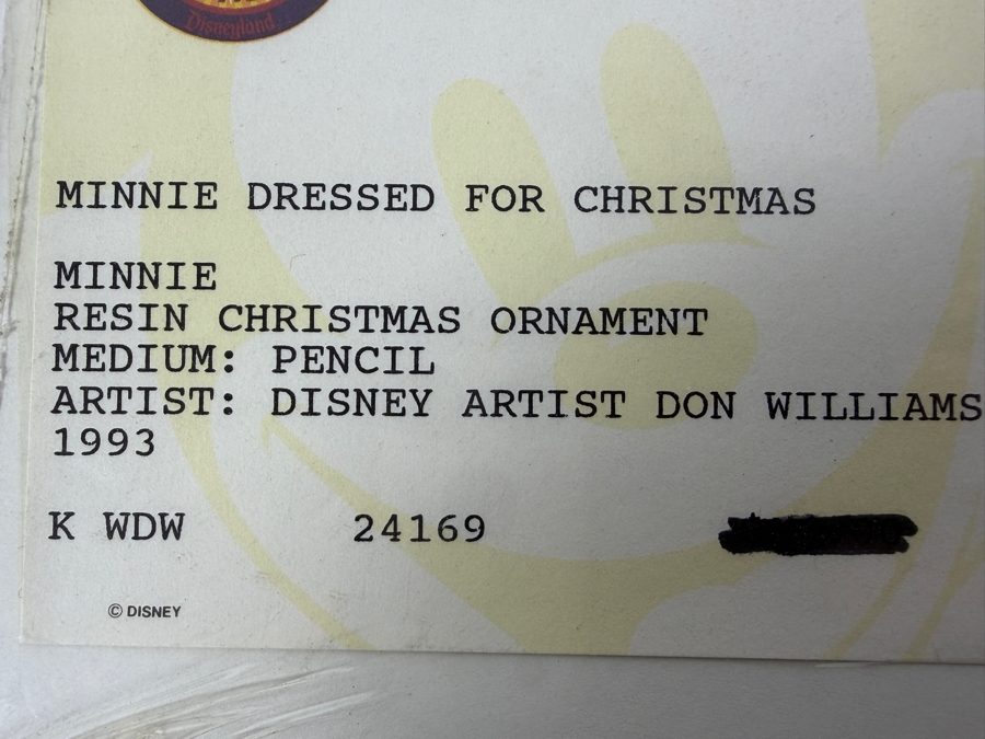 Original Walt Disney Hand Drawn Minnie Mouse Dressed For Christmas Resin Christmas Ornament Concept Drawing By Disney Artist Don Williams From The 2nd Official Disneyana Convention In 1993 At Disneyland Purchased For $440 In 1993 12.5 X 10 [Photo 15]