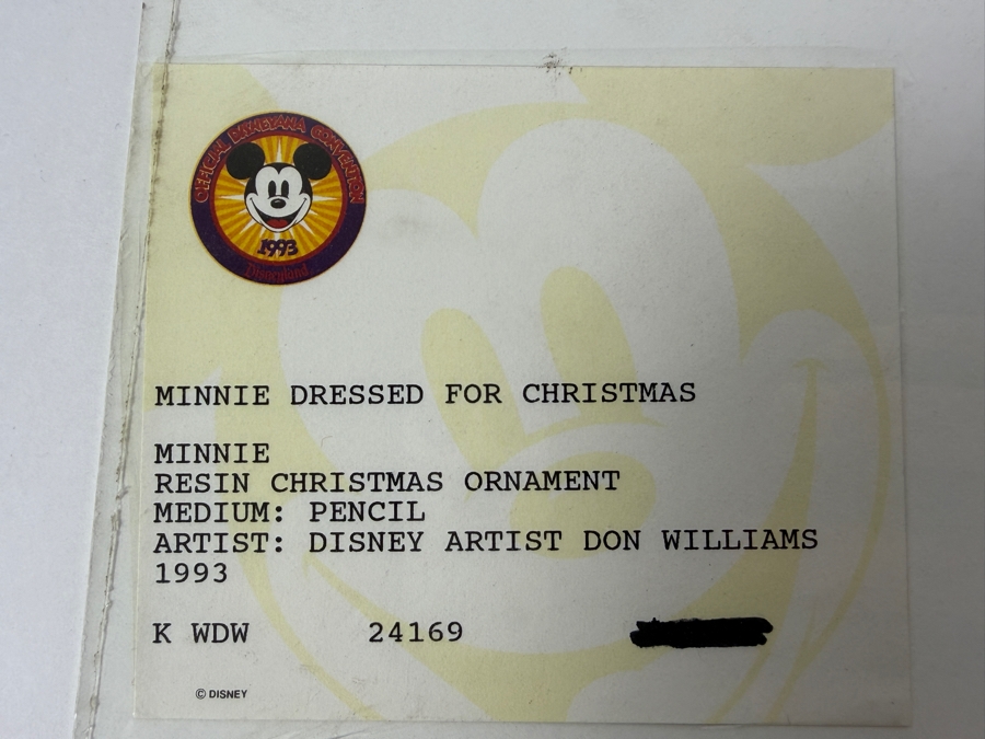 Original Walt Disney Hand Drawn Minnie Mouse Dressed For Christmas Resin Christmas Ornament Concept Drawing By Disney Artist Don Williams From The 2nd Official Disneyana Convention In 1993 At Disneyland Purchased For $440 In 1993 12.5 X 10 [Photo 14]