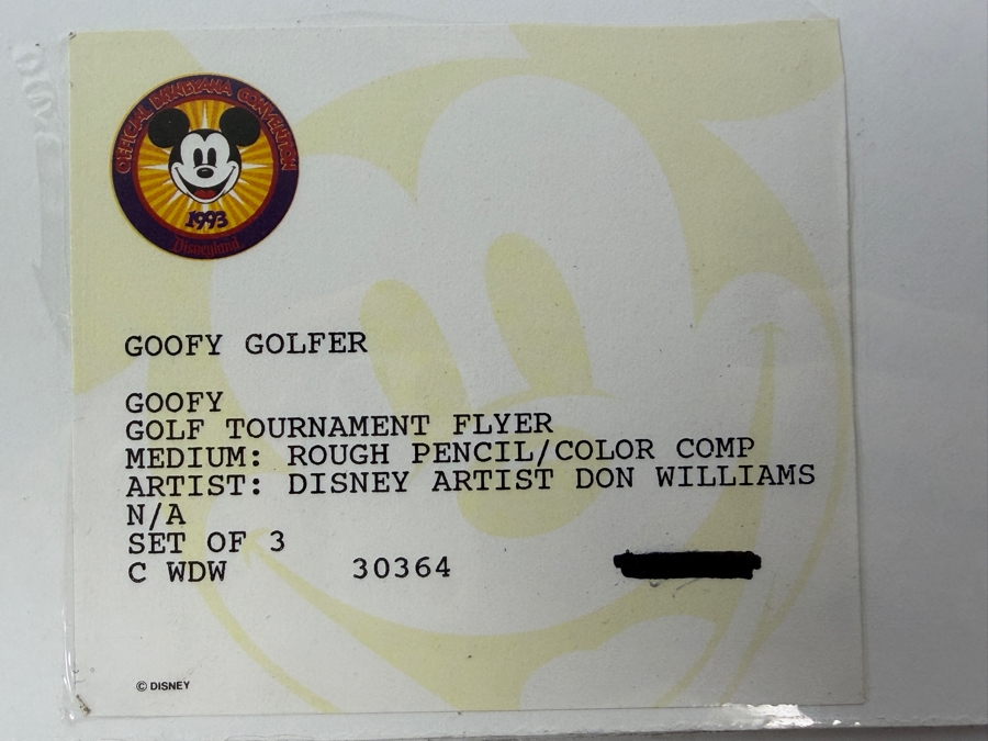 Set Of 3 Original Walt Disney Hand Drawn Goofy Golfer Golf Tournament Flyers 'Swing Your Way Into Fame 1/7/1987 WDW' Concept Drawings By Disney Artist Don Williams From The 2nd Official Disneyana Convention In 1993 At Disneyland Purchased For $700 In 1993 [Photo 22]