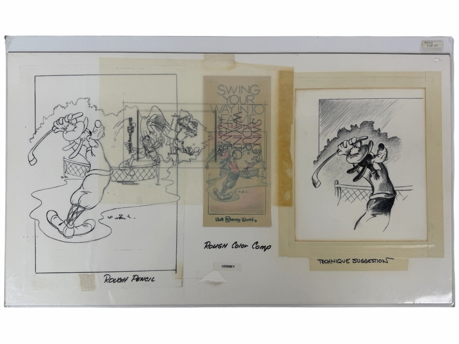 Set Of 3 Original Walt Disney Hand Drawn Goofy Golfer Golf Tournament Flyers 'Swing Your Way Into Fame 1/7/1987 WDW' Concept Drawings By Disney Artist Don Williams From The 2nd Official Disneyana Convention In 1993 At Disneyland Purchased For $700 In 1993