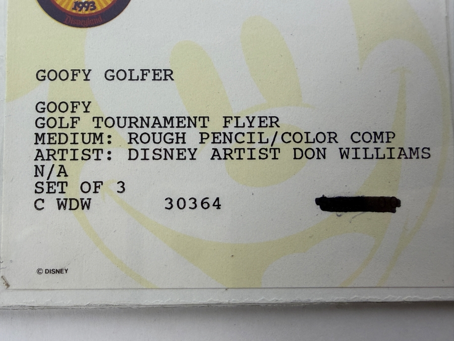 Set Of 3 Original Walt Disney Hand Drawn Goofy Golfer Golf Tournament Flyers 'Swing Your Way Into Fame 1/7/1987 WDW' Concept Drawings By Disney Artist Don Williams From The 2nd Official Disneyana Convention In 1993 At Disneyland Purchased For $700 In 1993 [Photo 23]