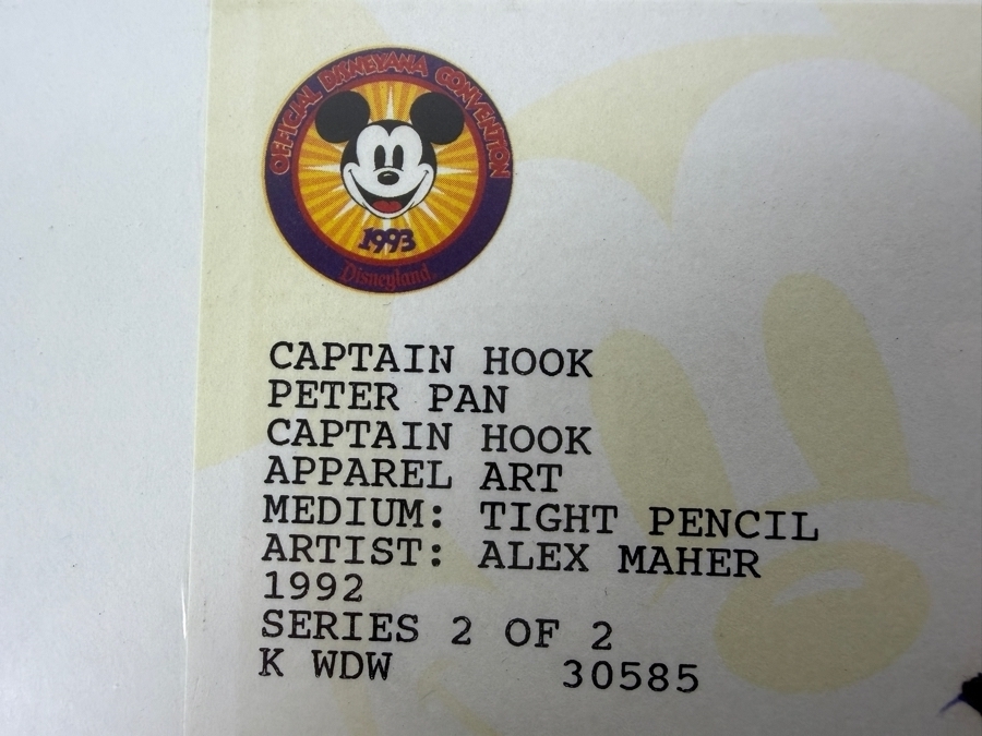 Original Walt Disney Hand Drawn Captain Hook From Peter Pan Apparel Artwork Concept Drawing By Disney Artist Alex Maher From The 2nd Official Disneyana Convention In 1993 At Disneyland Purchased For $240 In 1993 7 X 7 [Photo 9]