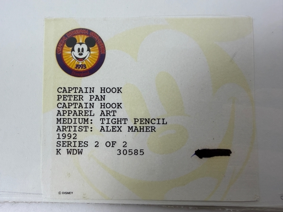 Original Walt Disney Hand Drawn Captain Hook From Peter Pan Apparel Artwork Concept Drawing By Disney Artist Alex Maher From The 2nd Official Disneyana Convention In 1993 At Disneyland Purchased For $240 In 1993 7 X 7 [Photo 8]