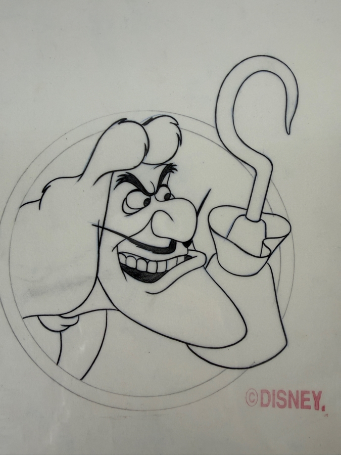 Original Walt Disney Hand Drawn Captain Hook From Peter Pan Apparel Artwork Concept Drawing By Disney Artist Alex Maher From The 2nd Official Disneyana Convention In 1993 At Disneyland Purchased For $240 In 1993 7 X 7