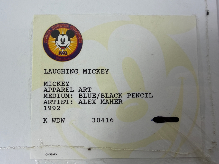Original Walt Disney Hand Drawn Laughing Mickey Mouse Apparel Artwork Concept Drawing By Disney Artist Alex Maher From The 2nd Official Disneyana Convention In 1993 At Disneyland Purchased For $280 In 1993 8 X 7 [Photo 7]