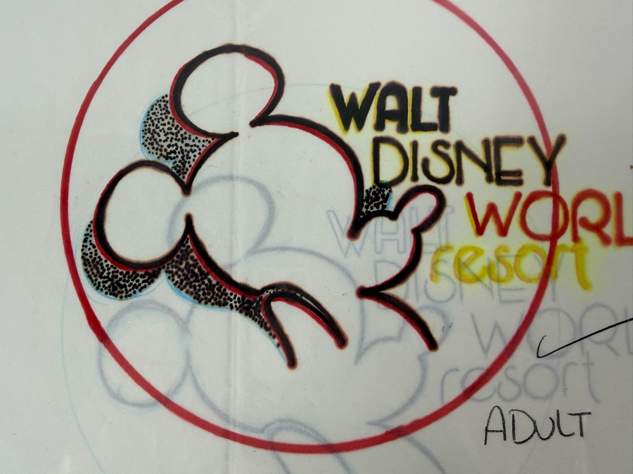 Original Walt Disney Hand Drawn 'WDW' Logo With Mickey Mouse Adult Shirt Concept Drawing By Disney Artist Darren Hunt From The 2nd Official Disneyana Convention In 1993 At Disneyland Purchased For $240 In 1993 8 X 7 [Photo 4]
