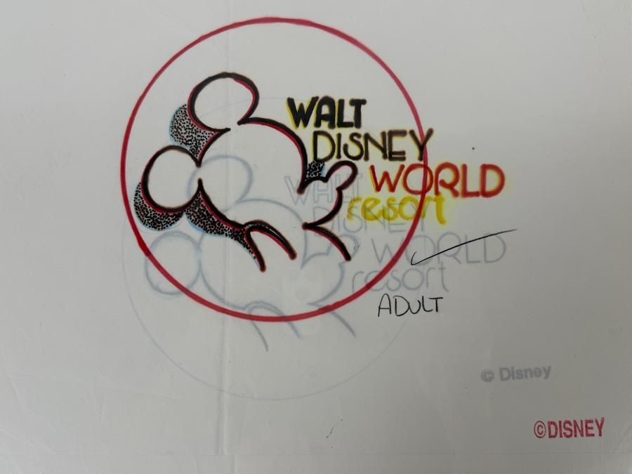 Original Walt Disney Hand Drawn 'WDW' Logo With Mickey Mouse Adult Shirt Concept Drawing By Disney Artist Darren Hunt From The 2nd Official Disneyana Convention In 1993 At Disneyland Purchased For $240 In 1993 8 X 7
