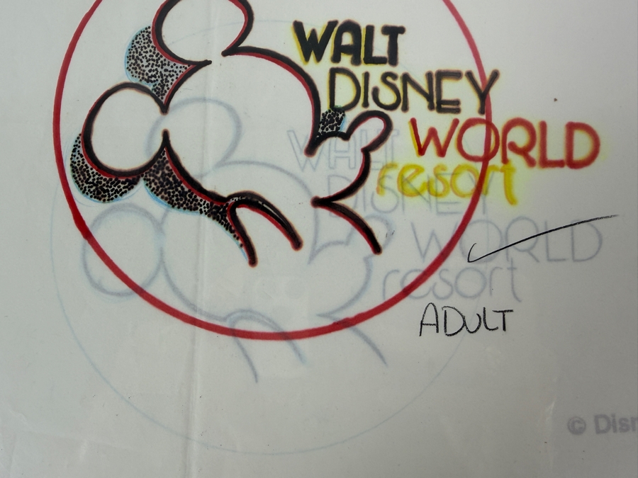 Original Walt Disney Hand Drawn 'WDW' Logo With Mickey Mouse Adult Shirt Concept Drawing By Disney Artist Darren Hunt From The 2nd Official Disneyana Convention In 1993 At Disneyland Purchased For $240 In 1993 8 X 7 [Photo 5]