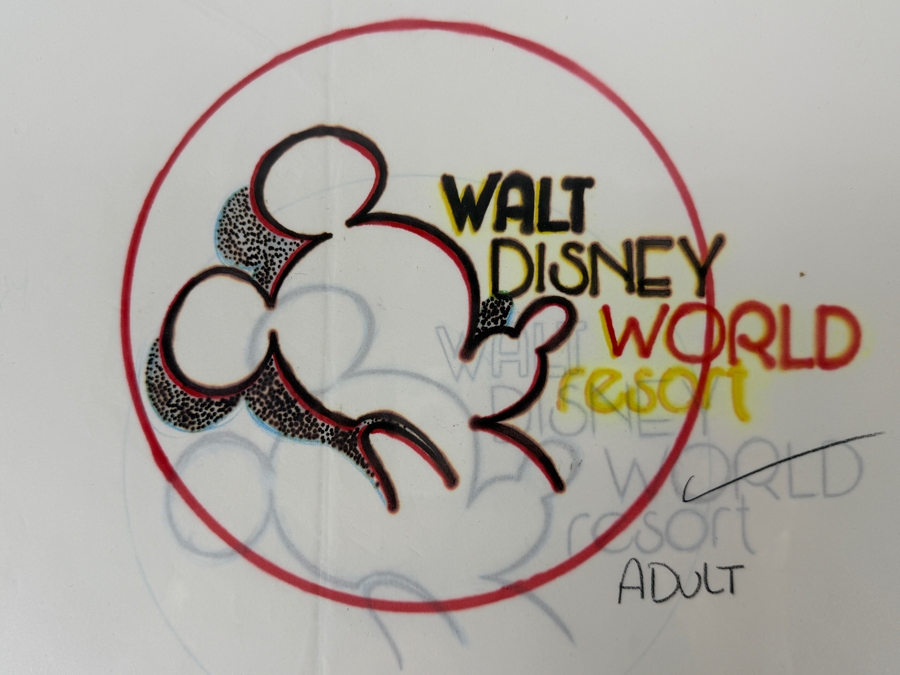 Original Walt Disney Hand Drawn 'WDW' Logo With Mickey Mouse Adult Shirt Concept Drawing By Disney Artist Darren Hunt From The 2nd Official Disneyana Convention In 1993 At Disneyland Purchased For $240 In 1993 8 X 7 [Photo 3]