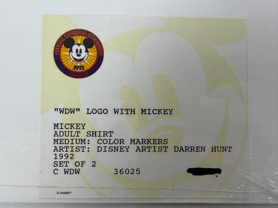 Original Walt Disney Hand Drawn 'WDW' Logo With Mickey Mouse Adult Shirt Concept Drawing By Disney Artist Darren Hunt From The 2nd Official Disneyana Convention In 1993 At Disneyland Purchased For $240 In 1993 8 X 7 [Photo 9]