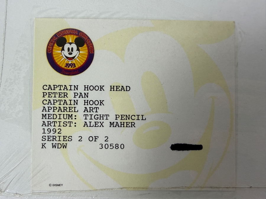 Original Walt Disney Hand Drawn Captain Hook Head From Peter Pan Apparel Art Concept Drawing By Disney Artist Alex Maher From The 2nd Official Disneyana Convention In 1993 At Disneyland Purchased For $240 In 1993 8 X 7 [Photo 10]