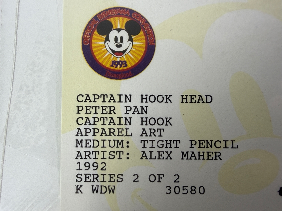 Original Walt Disney Hand Drawn Captain Hook Head From Peter Pan Apparel Art Concept Drawing By Disney Artist Alex Maher From The 2nd Official Disneyana Convention In 1993 At Disneyland Purchased For $240 In 1993 8 X 7 [Photo 11]
