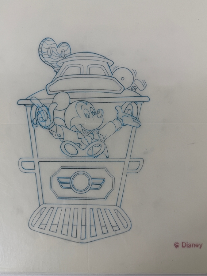 Original Walt Disney Hand Drawn Disneyland Toontown Mickey Mouse In Trolley Keychain Concept Drawing By Disney Artist Darren Hunt From The 2nd Official Disneyana Convention In 1993 At Disneyland Purchased For $350 In 1993 8 X 7