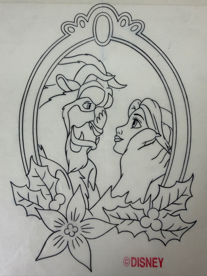Original Walt Disney Hand Drawn Beast And Belle In Mirror From The Beauty And The Beast Lucite Christmas Ornament Concept Drawing By Disney Artist Alex Maher From The 2nd Official Disneyana Convention In 1993 At Disneyland Purchased For $400 In 1993 7 X 1
