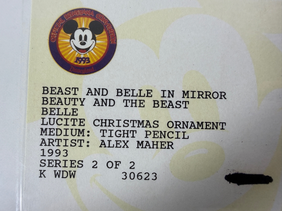 Original Walt Disney Hand Drawn Beast And Belle In Mirror From The Beauty And The Beast Lucite Christmas Ornament Concept Drawing By Disney Artist Alex Maher From The 2nd Official Disneyana Convention In 1993 At Disneyland Purchased For $400 In 1993 7 X 1 [Photo 8]