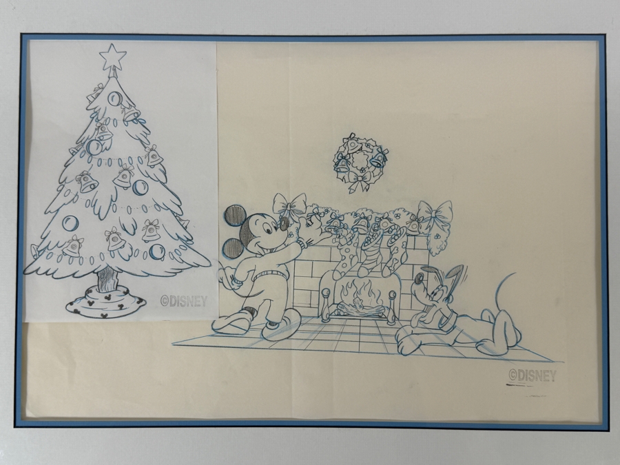 Original Walt Disney Hand Drawn Mickey Mouse And Pluto At Christmas Fireplace Christmas Bells Packaging Design Concept Drawing By Disney Artist Darren Hunt Purchased For $872 From The 1st Disneyana Convention In 1992 At Walt Disney World Resort 11 X 7