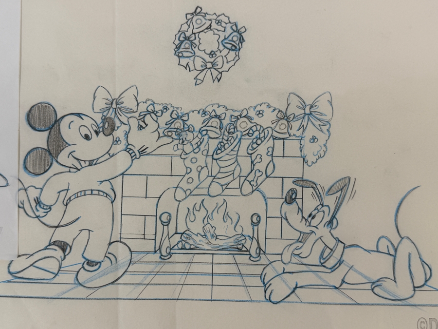 Original Walt Disney Hand Drawn Mickey Mouse And Pluto At Christmas Fireplace Christmas Bells Packaging Design Concept Drawing By Disney Artist Darren Hunt Purchased For $872 From The 1st Disneyana Convention In 1992 At Walt Disney World Resort 11 X 7 [Photo 5]