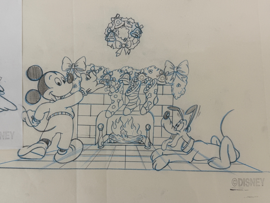 Original Walt Disney Hand Drawn Mickey Mouse And Pluto At Christmas Fireplace Christmas Bells Packaging Design Concept Drawing By Disney Artist Darren Hunt Purchased For $872 From The 1st Disneyana Convention In 1992 At Walt Disney World Resort 11 X 7 [Photo 4]