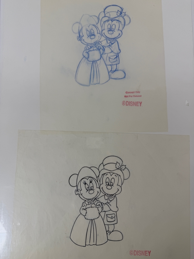 (2) Original Walt Disney Hand Drawn Christmas Victorian Mickey Mouse & Minnie Mouse Lucite Christmas Ornament Concept Drawings By Disney Artist Alex Maher From The 2nd Official Disneyana Convention In 1993 At Disneyland Purchased For $400 In 1993 5 X 7 [Photo 2]