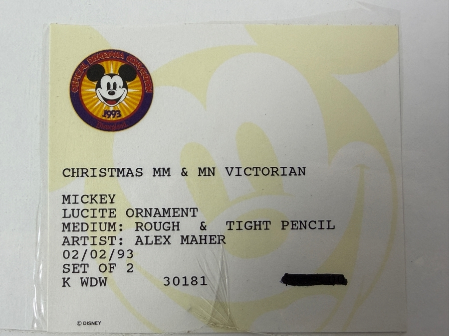 (2) Original Walt Disney Hand Drawn Christmas Victorian Mickey Mouse & Minnie Mouse Lucite Christmas Ornament Concept Drawings By Disney Artist Alex Maher From The 2nd Official Disneyana Convention In 1993 At Disneyland Purchased For $400 In 1993 5 X 7 [Photo 14]