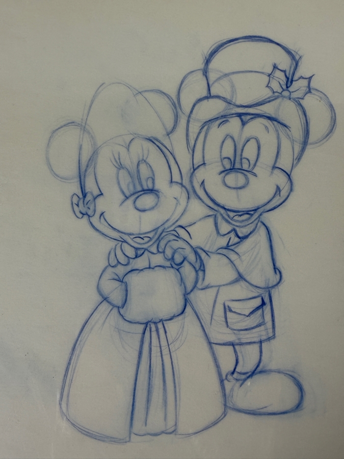 (2) Original Walt Disney Hand Drawn Christmas Victorian Mickey Mouse & Minnie Mouse Lucite Christmas Ornament Concept Drawings By Disney Artist Alex Maher From The 2nd Official Disneyana Convention In 1993 At Disneyland Purchased For $400 In 1993 5 X 7 [Photo 4]