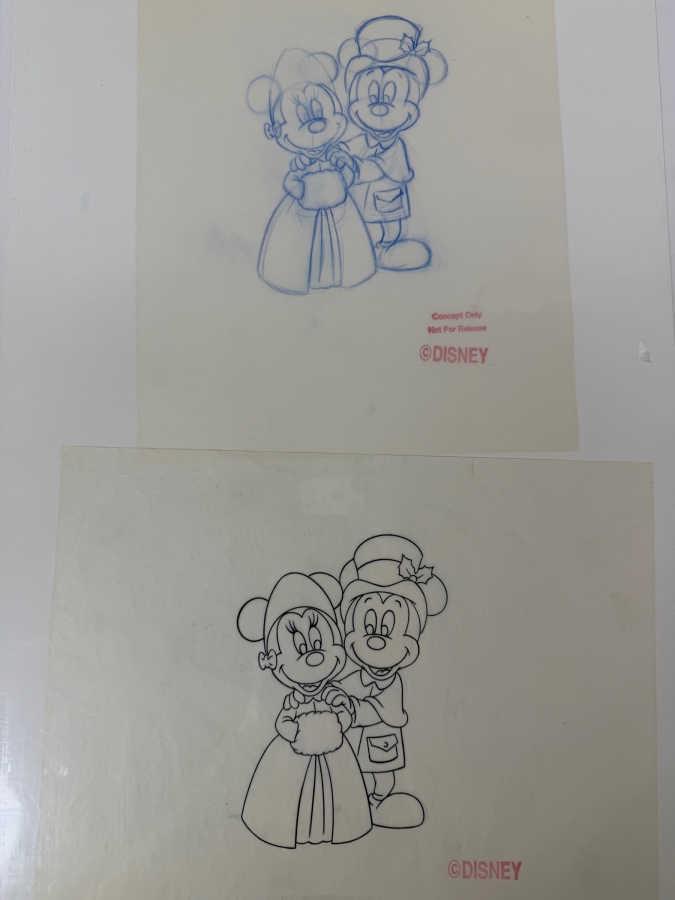 (2) Original Walt Disney Hand Drawn Christmas Victorian Mickey Mouse & Minnie Mouse Lucite Christmas Ornament Concept Drawings By Disney Artist Alex Maher From The 2nd Official Disneyana Convention In 1993 At Disneyland Purchased For $400 In 1993 5 X 7