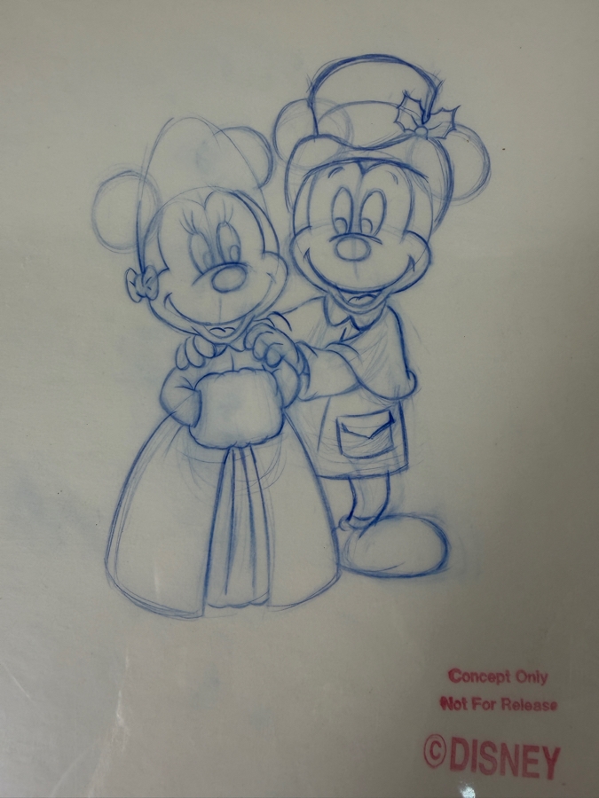 (2) Original Walt Disney Hand Drawn Christmas Victorian Mickey Mouse & Minnie Mouse Lucite Christmas Ornament Concept Drawings By Disney Artist Alex Maher From The 2nd Official Disneyana Convention In 1993 At Disneyland Purchased For $400 In 1993 5 X 7 [Photo 3]