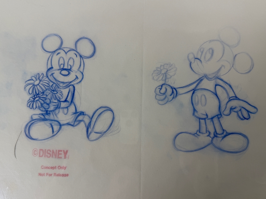 (2) Original Walt Disney Hand Drawn Mickey Mouse And Flowers Fashion Garment Concept Drawings By Disney Artist Alex Maher From The 2nd Official Disneyana Convention In 1993 At Disneyland Purchased For $640 In 1993 10 X 6 [Photo 3]