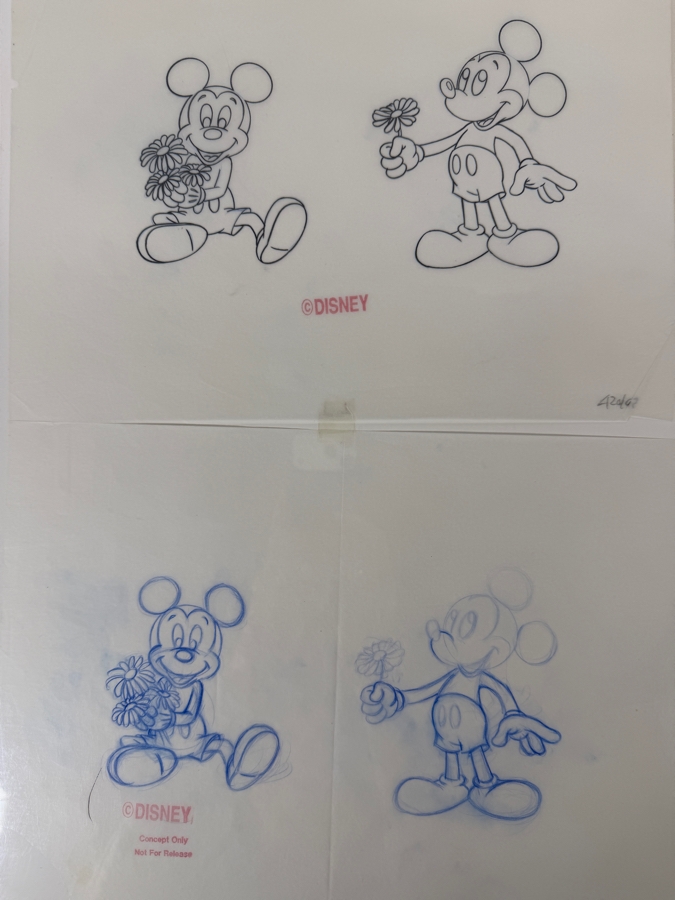 (2) Original Walt Disney Hand Drawn Mickey Mouse And Flowers Fashion Garment Concept Drawings By Disney Artist Alex Maher From The 2nd Official Disneyana Convention In 1993 At Disneyland Purchased For $640 In 1993 10 X 6 [Photo 2]