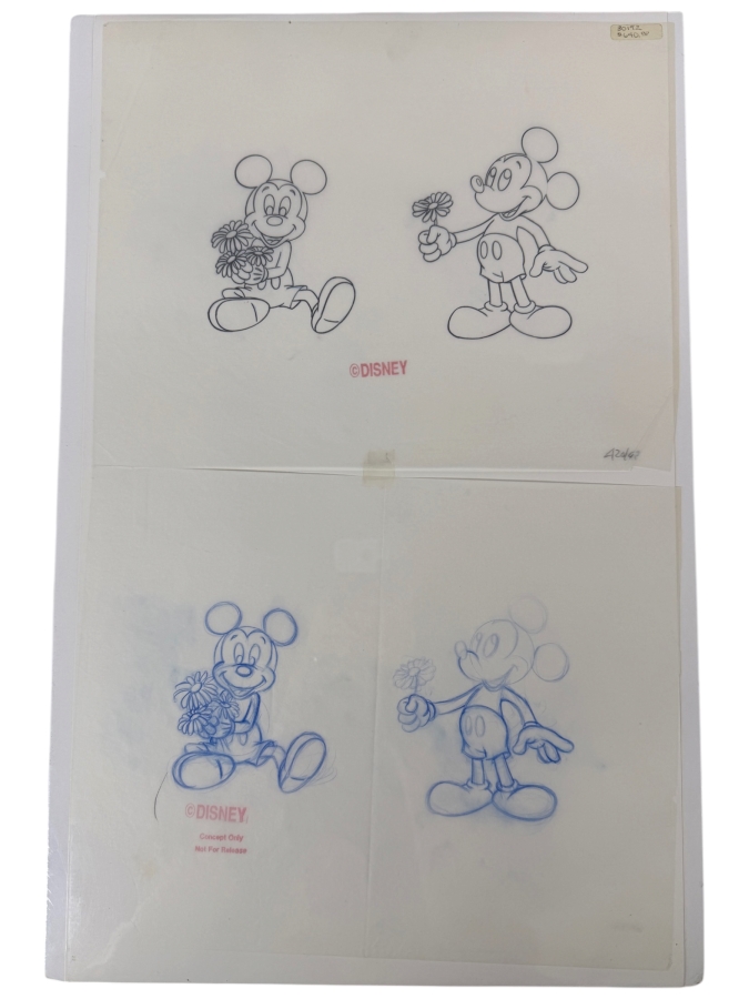 (2) Original Walt Disney Hand Drawn Mickey Mouse And Flowers Fashion Garment Concept Drawings By Disney Artist Alex Maher From The 2nd Official Disneyana Convention In 1993 At Disneyland Purchased For $640 In 1993 10 X 6